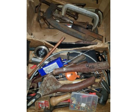 2 BOXES OF ASSORTED TOOLS INC CLAMPS ETC
