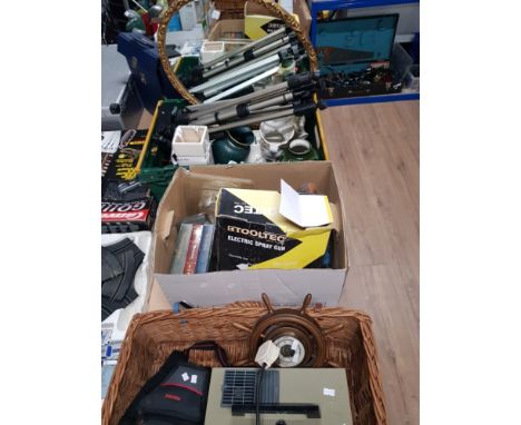 2 BOXES AND A WICKER BASKET CONTAINING MISCELLANEOUS PIECES INCLUDING PROJECTOR  GILT FRAMED MIRROR AND SHIP WHEEL BAROMETER 
