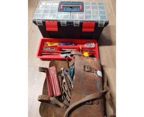 VINTAGE HOLDALL AND TOOLS PLUS TOOLBOX CONTAINING SCREW BITS ETC