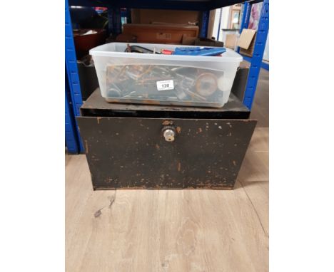 METAL TOOL BOX PLUS KEY WITH BOX OF PARTS AND TOOLS