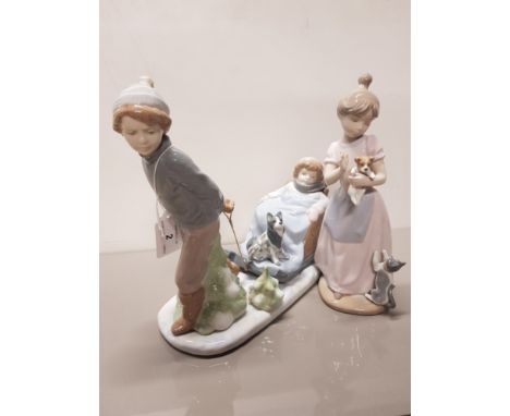 2 NADAL FIGURES GIRL WITH PUPPY AND KITTEN PLUS BOY PULLING SLEDGE