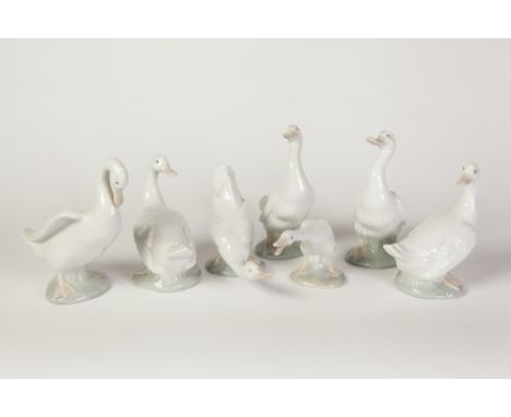 SEVEN NAO, SPANISH PORCELAIN MODELS OF GEESE, 6" (15.2cm) high and SMALLER, printed marks (7) 