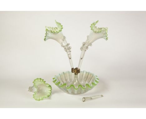 VICTORIAN GREEN TINTED VASELINE GLASS TABLE EPERGNE, the three trumpet vases, issued from a circular dished base, with frille