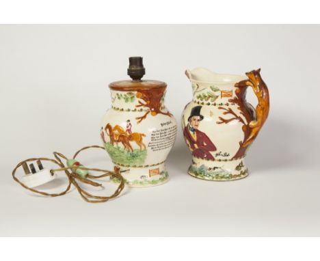 FIELDINGS CROWN DEVON 'JOHN PEEL' POTTERY MUSICAL JUG AND MATCHING TABLE LAMP, 8" (20.3cm) and 9" (22.9cm) high respectively,