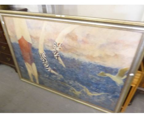 WOODRDIGE  TWENTIETH CENTURY OIL ON CANVAS DIVERS AND SEAGULS SIGNED LOWER LIGHT 