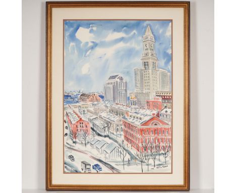 Original watercolor on paper by artist Paul D Shea, titled Boston Cityscape, 1988. This vibrant winter scene captures a snow-
