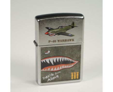 The design showcases a P-40 Warhawk's distinctive shark mouth nose art with the phrase "Death From Above" displayed below. Th