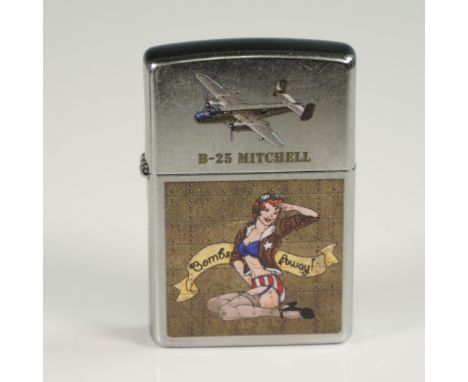 Zippo silver-tone metal lighter featuring the front an image of the B-25 aircraft in flight above the text "B-25 MITCHELL," a