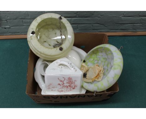 A large washbowl with soap dish, a large cheese dish decorated with deer plus two Art Deco glass lamp shades