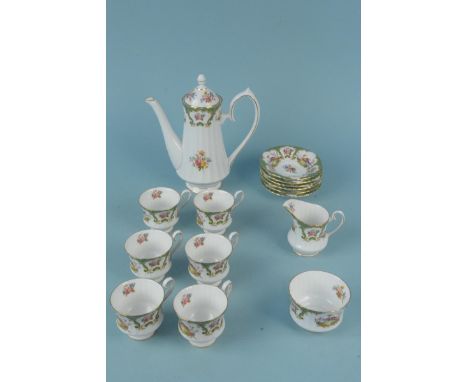 A vintage Grosvenor bone china 'Denbigh' pattern coffee set including pot, six cups and saucers, milk and sugar (one cup with