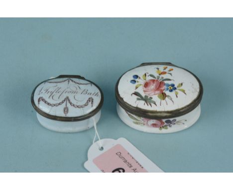 Two early 19th Century Staffordshire enamel patch boxes, one 'A Trifle from Bath'
