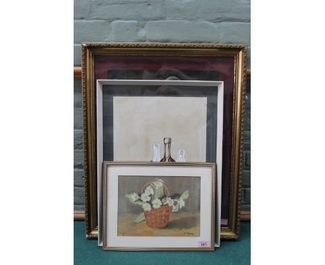 A framed pastel portrait of a lady after Vermeer by J Cattermole, a framed pastel of a basket of primroses plus a framed acry