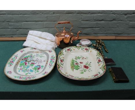 Two large 19th Century oval meat plates, a 19th Century copper kettle, a pair of brass candle sconces, a vintage vanity set, 
