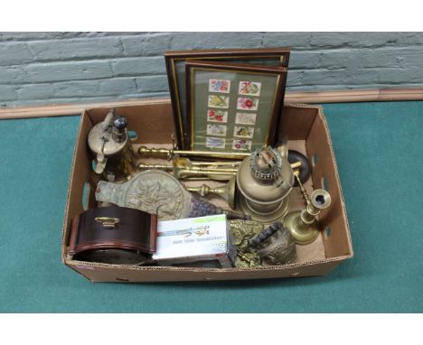 A mixed lot including a brass companion set, four brass candlesticks, oil lamp, a Crivit fixed spool reel, an Edwardian style