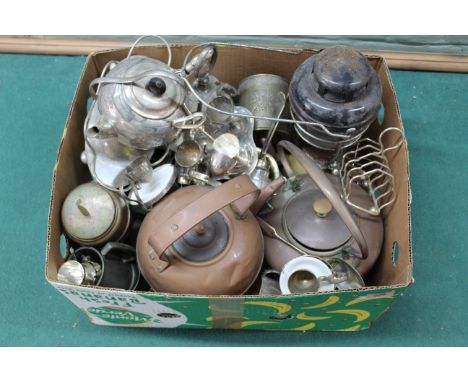 A large box of mixed metal wares including a seamed copper kettle, silver plate, tilly lamp etc