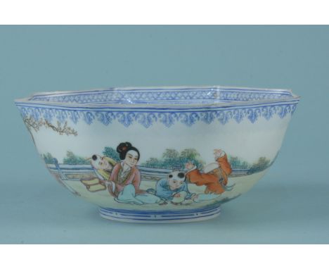 A fine Chinese Jingdezhen eggshell porcelain bowl with scalloped rim painted with children at play