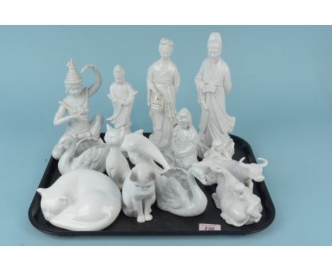 Seven Blanc de Chine porcelain figurines of Chinese characters, a Poole dolphin plus a Royal Copenhagen cat etc