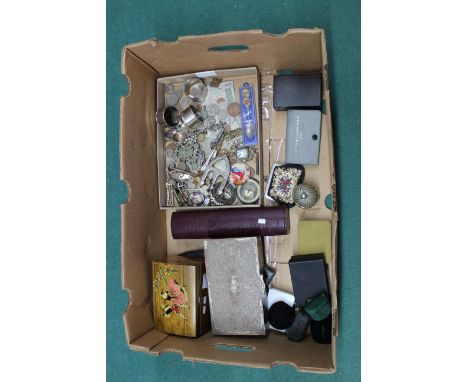 A large box with items of interest including two jewellery boxes, silver plate, coinage with bank notes, empty jewellery/ring