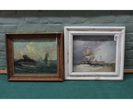 An oil on card of ships at sea, verso marked 'Norwich School' 28cm x 36cm plus an oil painting of a seascape signed WMB, 30cm