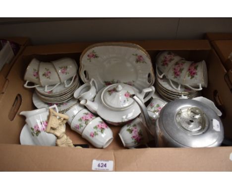 A part tea service in white with pink rose decoration and gilt edging (42 pieces approx), a reproduction Thai figure and vint
