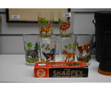 A set of six vintage hi ball glasses featuring various animal prints and a boxed Sharpex razor blade sharpener.