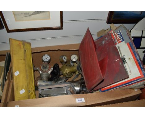 A carton of vintage compressed air tools and gauges etc.