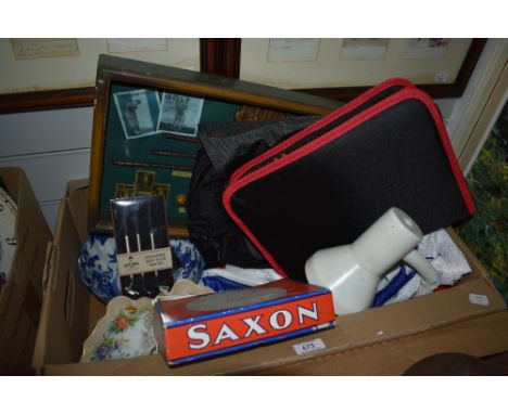 An eclectic mix of items including a set of interior car tools in soft case, a BMW bag, a golf related wall hanging, miniatur