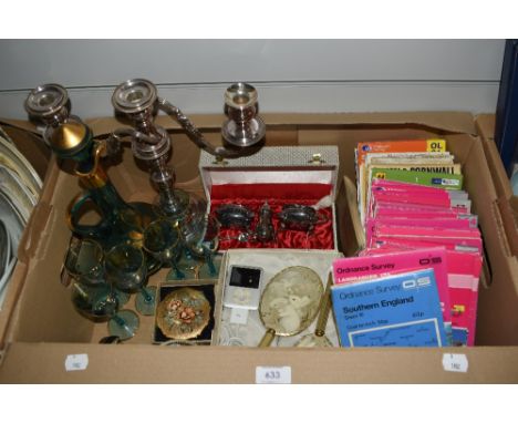 A silver plated candelabra, a boxed plated condiments set, an apple ipod 4gb, a Stratton compact case in fabulous original co