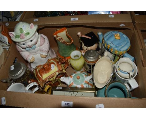 Three novelty tea pots, a cottage ware tea pot, two beer steins, a Hammersley ceramic tankard etc.
