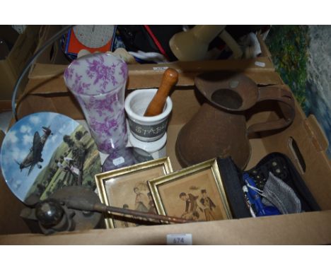 A Royal Doulton limited edition display plate entitled 'Spitfire Coming Home' no. 2111B, a watch repair kit, a vintage oil ju