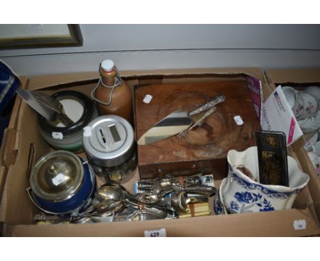 A miscellaneous selection of items including a Wedgwood Jasperware tea caddy, a cake slice with HM silver handle and pickle f