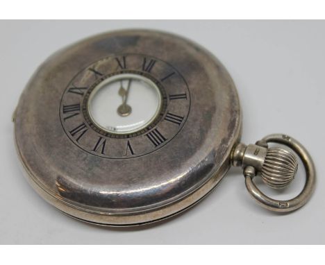 A Dimier Freres & Cie hallmarked silver half hunter pocket watch with white enamel dial, spade hands, Roman numerals and seco