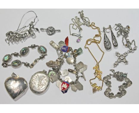 A mixed lot of mainly vintage jewellery marked 'Silver' or '925' including a marcasite brooch formed as Britannia, an abalone