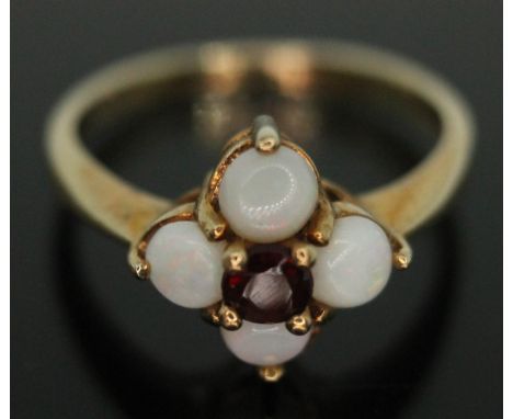 A hallmarked 9ct gold opal and garnet cluster ring, gross wt. 2.23g, size L.  Condition - good, no damage, minor wear only.