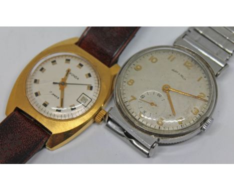 Two vintage wristwatches comprising a gold plated Sekonda 17 jewel manual wind together with another stainless steel manual w