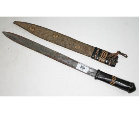 An African short sword with snakeskin and leather scabbard and leather grip, blade length 35cm, total length 50cm.  Condition