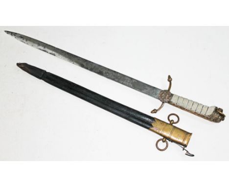 An early 19th century midshipmen short sword and scabbard, with brass lion head and mane hilt, wire bound grip, and crest wit