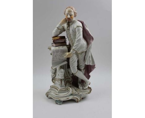 A Late 18th century Derby patch mark porcelain figure of Shakespeare, leaning upon books, atop a column, indicating a scroll 