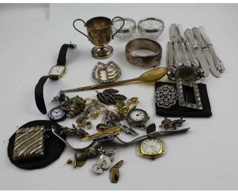 A Victorian design silver bangle, a quantity of costume jewellery and watches, a silver case containing folding scissors, a s