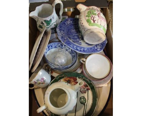 A small hand painted bullet form teapot (no lid), lustreware jugs, and other ceramic wares various