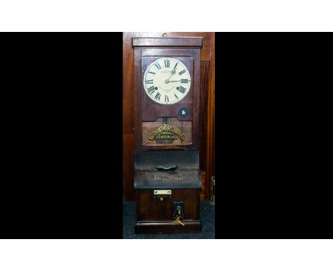 Antique National Time Recorder Clocking In Clock In good condition, with original key, oak cased clock with white dial and bl