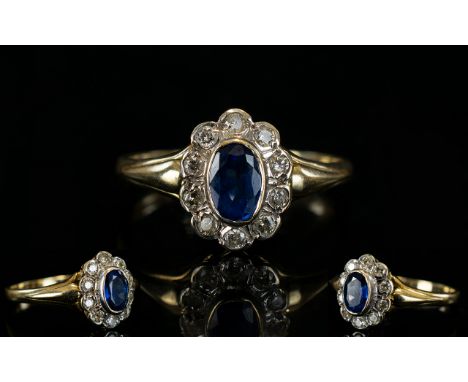 Ladies - Attractive Nice Quality 1960's Diamond and Sapphire Cluster Ring, Flower head Design. Fully Hallmarked for 9.375, Th