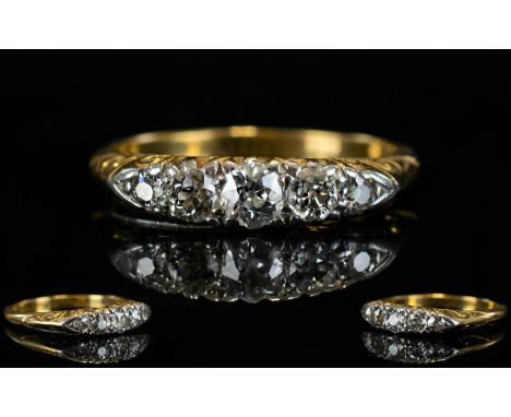 Antique Period 18ct Gold Set - 5 Stone Diamond Ring, The Old Cushion Cut Diamonds of Excellent Colour and Clarity. Good Spark