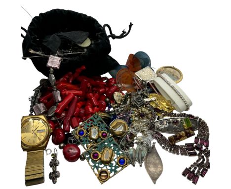 A collection of silver, art and costume jewellery. To include a quantity of dyed coral jewellery, an automatic Oris executive