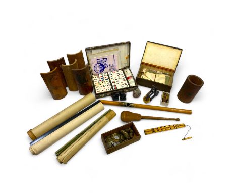 Assorted Chinese items, to include a bamboo opium pipe, with a carved frog by the metal bowl mount, three scrolls, a bamboo b
