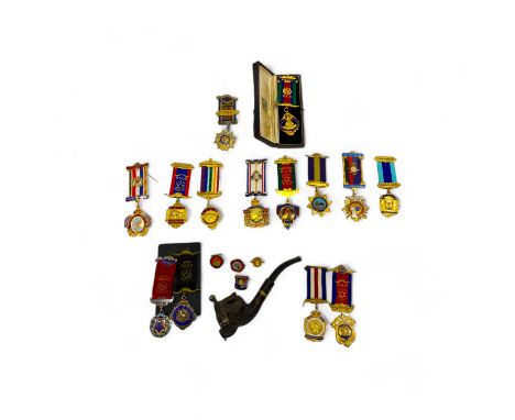 Royal Antediluvian Order of the Buffaloes- a collection of medals/jewels including five silver gilt and enamel medals and a p