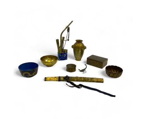 Assorted Asian metalwares, to include an Indian brass box and bowl with niello decoration, a cloisonne water pipe, a cloisonn