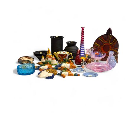A collection of assorted ceramics and glassware, to include three Wedgwood black basalt items by Nick Munro, two vases and th