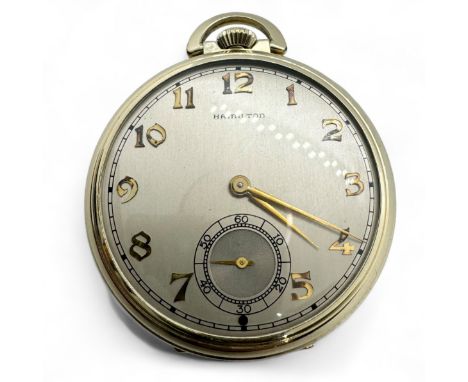 A 1940s gold plated Hamilton top wind pocket watch with a secondary dial. 45mm and original moulded plastic box. Engraved to 