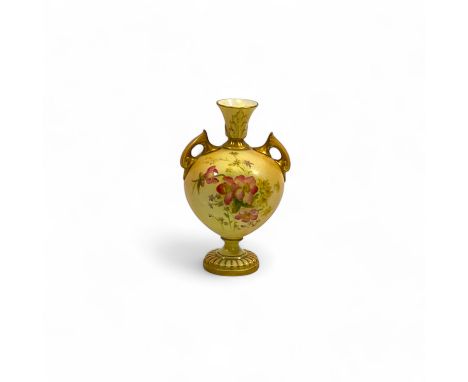 A Royal Worcester blush ivory twin handled specimen vase, 2249, with gilt highlights and a floral spray to each side, the glo